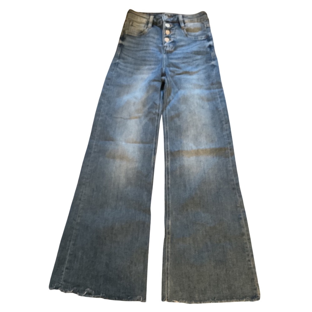 MoCo Boutique High Waisted Wide Leg Jeans Medium Wash Button Fly Raw Hem 3/26